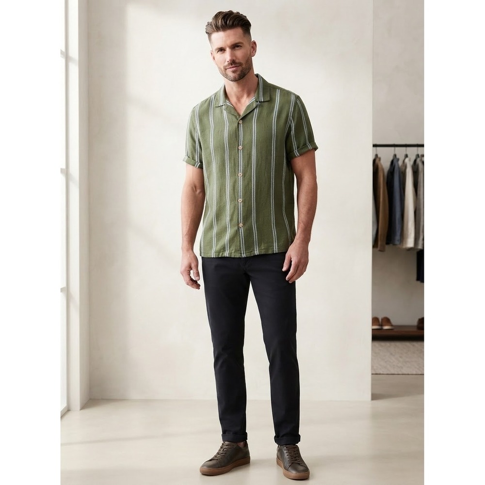 Banana Republic Mens Large Green Striped Short Sleeve Camp Collar Shirt L